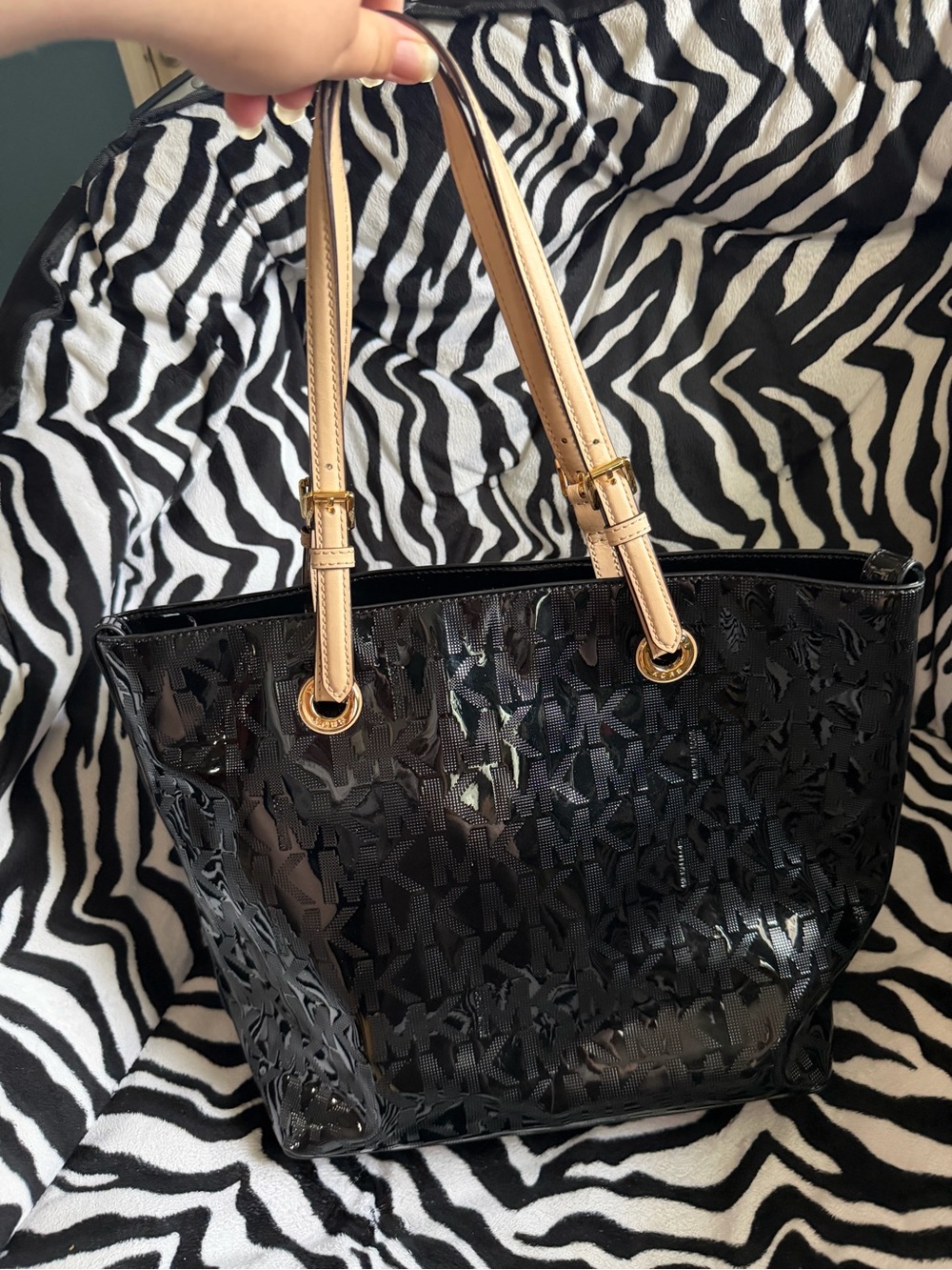 Michael Kors Black Patent Tote with Tan Straps and Gold Hardware